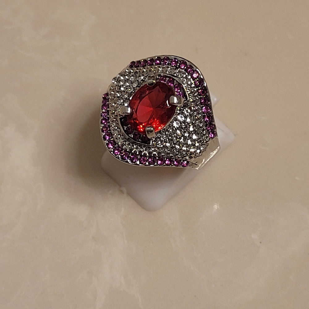 925 Silver Cz And Ruby Statement Ring Size 10 - image 4